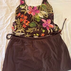 Floral One-Piece Swim Dress - Brown and Multicolor